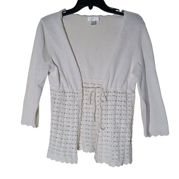 LOFT | Crochet White Cardigan Women M Tie Closure V-Neck Grandmacore Cottage - Picture 2 of 7